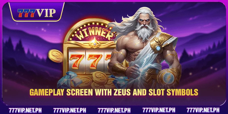 Gameplay screen with Zeus and slot symbols